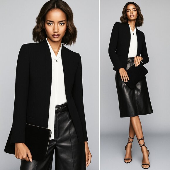 Reiss Tansey Cropped Collarless Blazer Black Neutral Career Business Size 6 - Picture 1 of 9